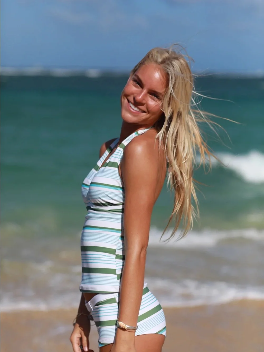 RAD Swim Kimber Tankini Set Size Large Green Blue Striped Boyshort Swimsuit